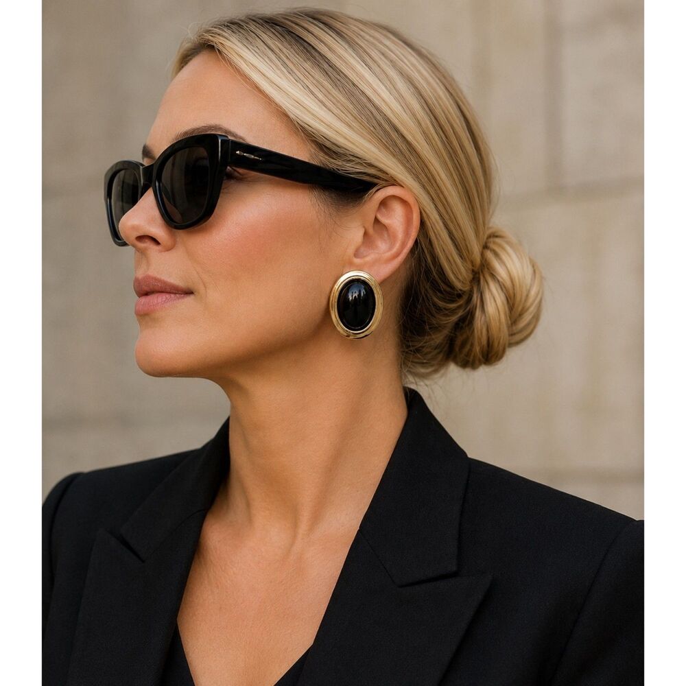 Vintage Monet Black Cabochon Earrings Gold Tone Oval Bold Statement Stud Pierced